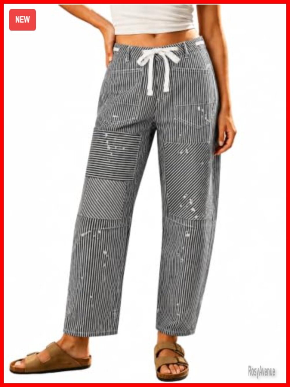 Kedera Women's Striped Barrel Jeans Wide Leg Denim Pants Mid Rise Pull On